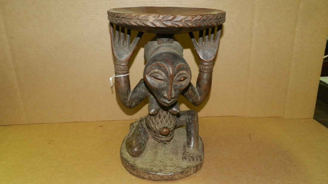 3906) African carved Luba caryatid stool, Female,: 3906) African carved Luba caryatid stool, Female, sitting 16 x 10
