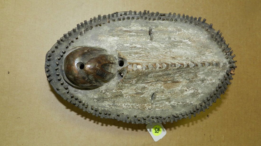 1486) Ngbaka Mask with ridged nose and protruding mouth: 1486) African carved Ngbaka Mask with ridged nose and protruding mouth area. Rimmed by two rows of metal strips driven in the wood. From DR Congo. 10 x 7 x 3