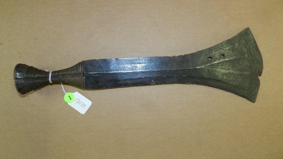 13029) African carved Knife w/wood handle wrapped: 13029) African carved Knife w/wood handle wrapped w/copper wire. 16 1/2"