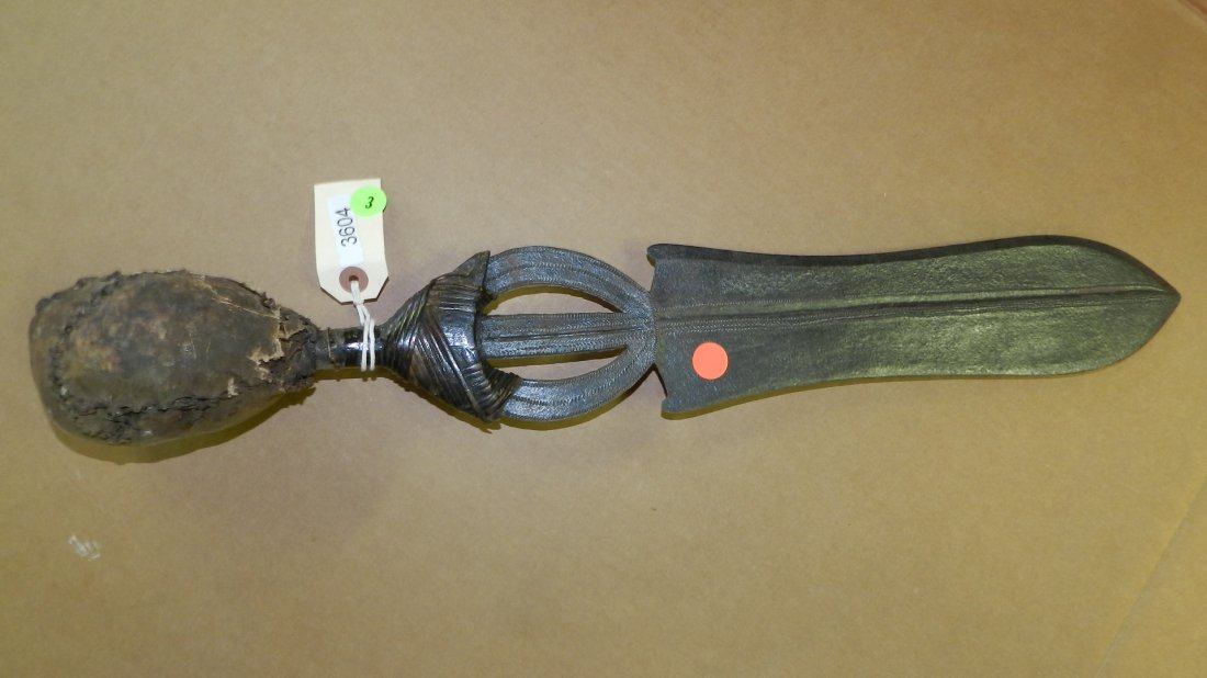 3604) African carved knife, Poto or neighboring tribe: 3604) African carved knife, Poto or neighboring tribe w/ leather covered spherical handle, from DR C