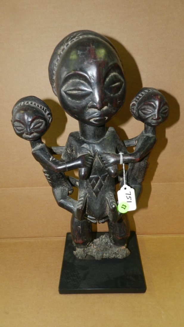 751) African carved figure, standing maternity with: 751) African carved figure, standing maternity with twins, Luba. From DR Congo. 18 1/4