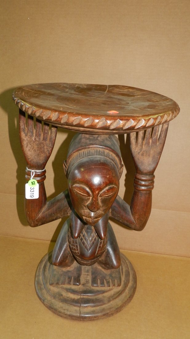 3319) African carved Luba caryatid figural stool,: 3319) African carved Luba caryatid figural stool, female, standing. From DR Congo. 19 1/2 x 12