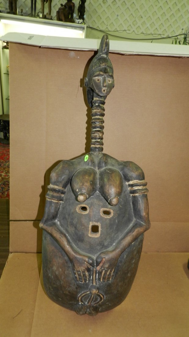 1932) Unique African hand carved Helmet mask with head: 1932) Unique African hand carved Helmet mask with head atop, female body Baga figure from Guinea, 33