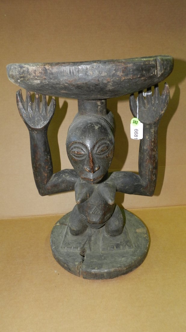 6681) African carved Luba standing female caryatid: 6681) African carved Luba standing female caryatid stool Luba DR Congo, 18 x 12