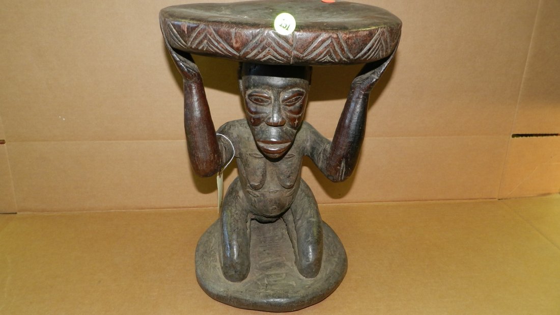 10070) African Carved Luba caryatid stool, female, DR: 10070) African Carved Luba caryatid stool, female, DR Congo, 16 x 11