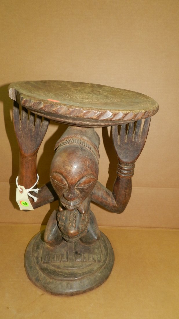 10071) African carved Luba caryatid stool, female: 10071) African carved Luba caryatid stool, female standing 18" From DR Congo