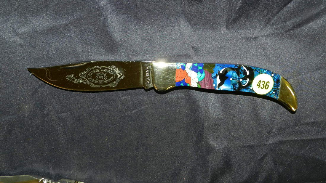 unique inlaid handled KA-Bar pocket knife with killer w: unique inlaid handled KA-Bar pocket knife with killer whales in handle design