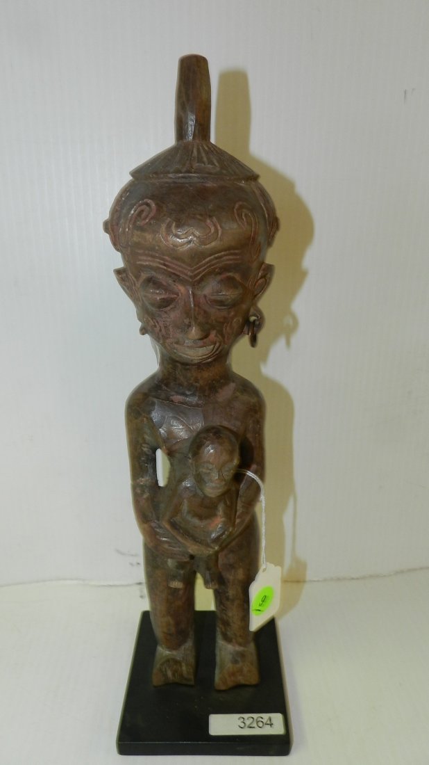 3264) African carved Lulua standing maternity. On: 3264) African carved Lulua standing maternity. On Stand. DR Congo 14"