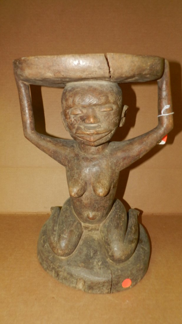 5190) East African caryatid stool - female figure.: 5190) East African caryatid stool - female figure. (Makonde) Tanzania 16 1/2 x 11 1/2