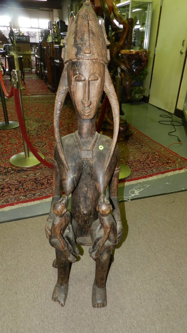 1200) large African hand carved Bambara sitting: 1200) large African hand carved Bambara sitting maternity with twins suckling, Mali, 50"