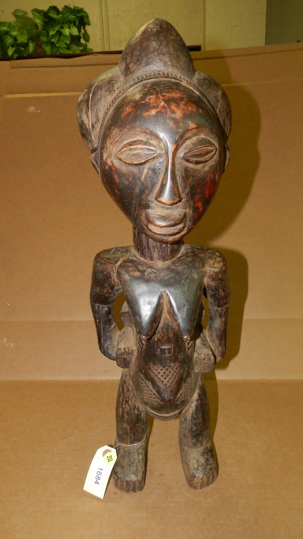 1684) African (Luba) carved Female standing figure: 1684) African (Luba) carved Female standing figure w/child on back, DR Congo, 25"