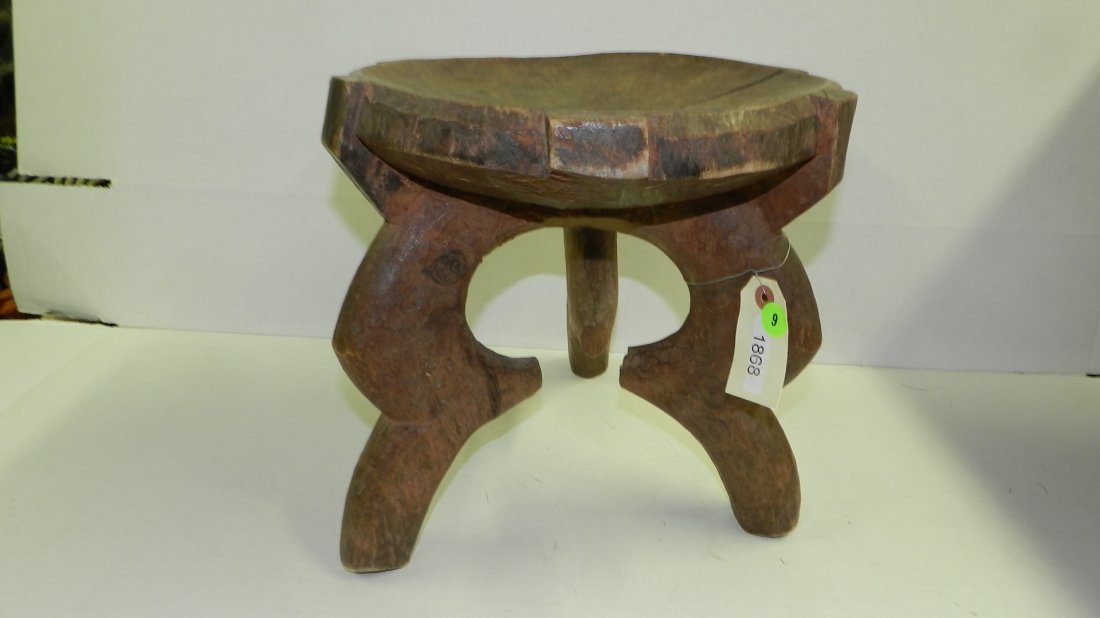 1868) African carved 3-legged stool w/some lattice work: 1868) African carved 3-legged stool w/some lattice work. Nyamwezi or related group, from Tanzania. 12 x 12
