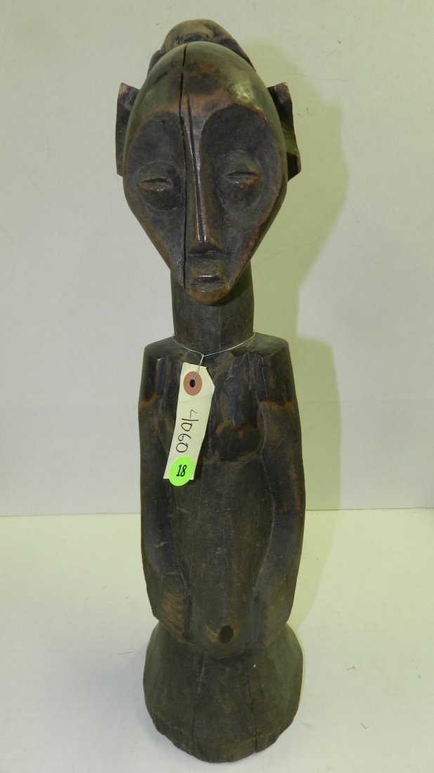 4060) African carved Luba female half figure, from DR C: 4060) African carved Luba female half figure, from DR Congo,shows some splits/cracks. 19"