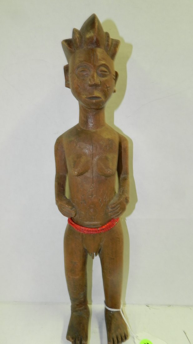 1292) African carved standing female figure, has repair: 1292) African carved standing female figure, has repair to foot. 17"