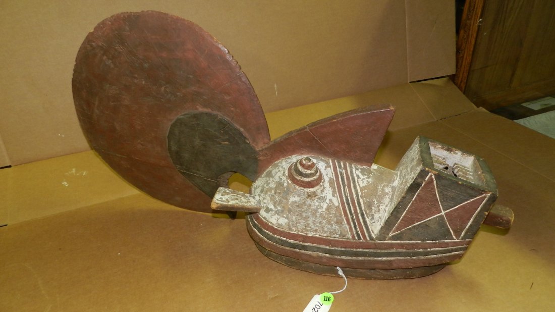 7024) West African Polychrome mask with large crest. 27: 7024) West African Polychrome mask with large crest. 27 x 14
