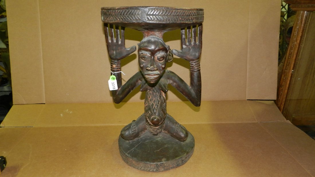 3318) African Luba caryatid figural carved stool w/ fem: 3318) African Luba caryatid figural carved stool w/ female figure, from DR Congo. 19 x 11 1/2