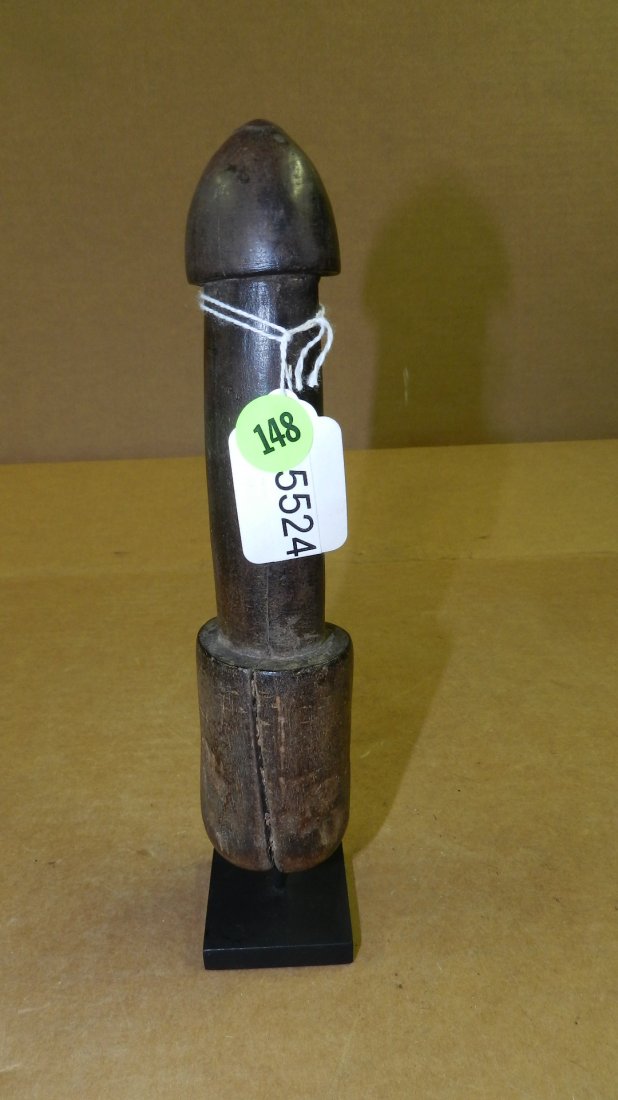5524) African carved wooden phallus. 10" w/stand: 5524) African carved wooden phallus. 10" w/stand