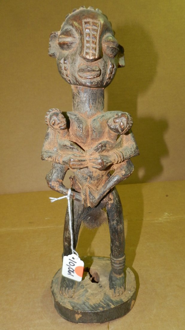 10061) African carved Standing maternity with two child: 10061) African carved Standing maternity with two children in arms 15"