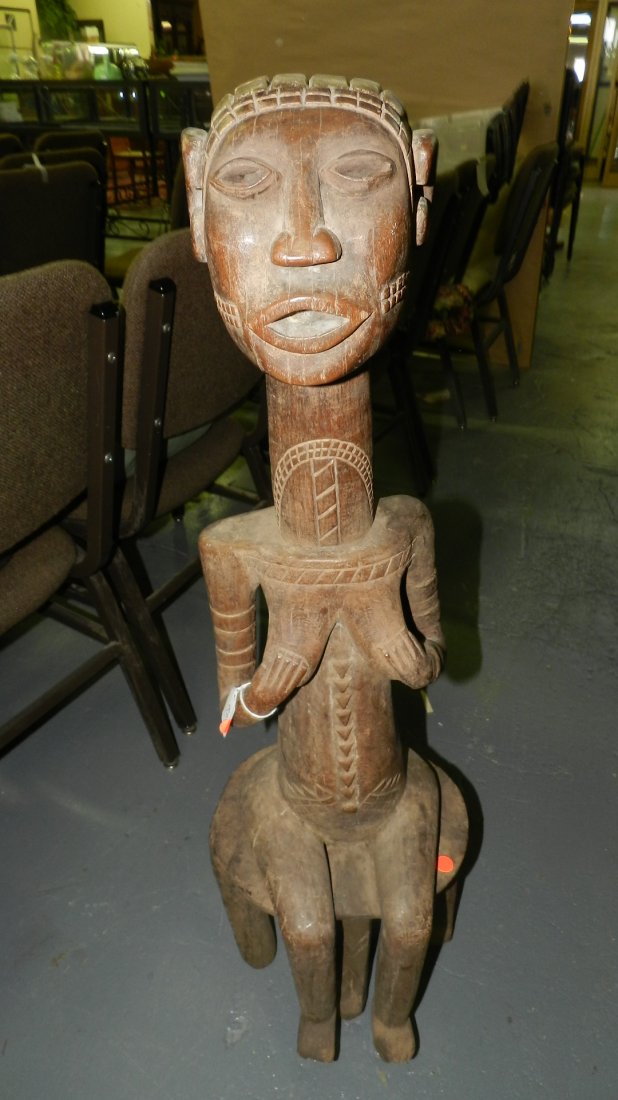 6378) carved East African female figure sitting on stoo: 6378) carved East African female figure sitting on stool 40" Zaramo Tanzania