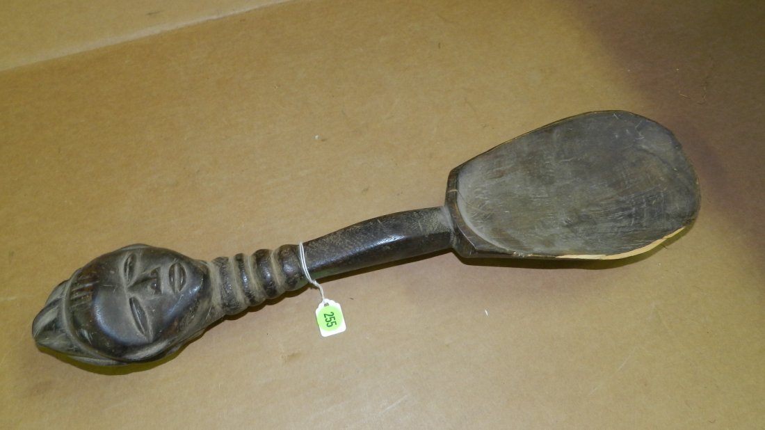 11036) East African carved Dan spoon with human head: 11036) East African carved Dan spoon with human head finial. 19"