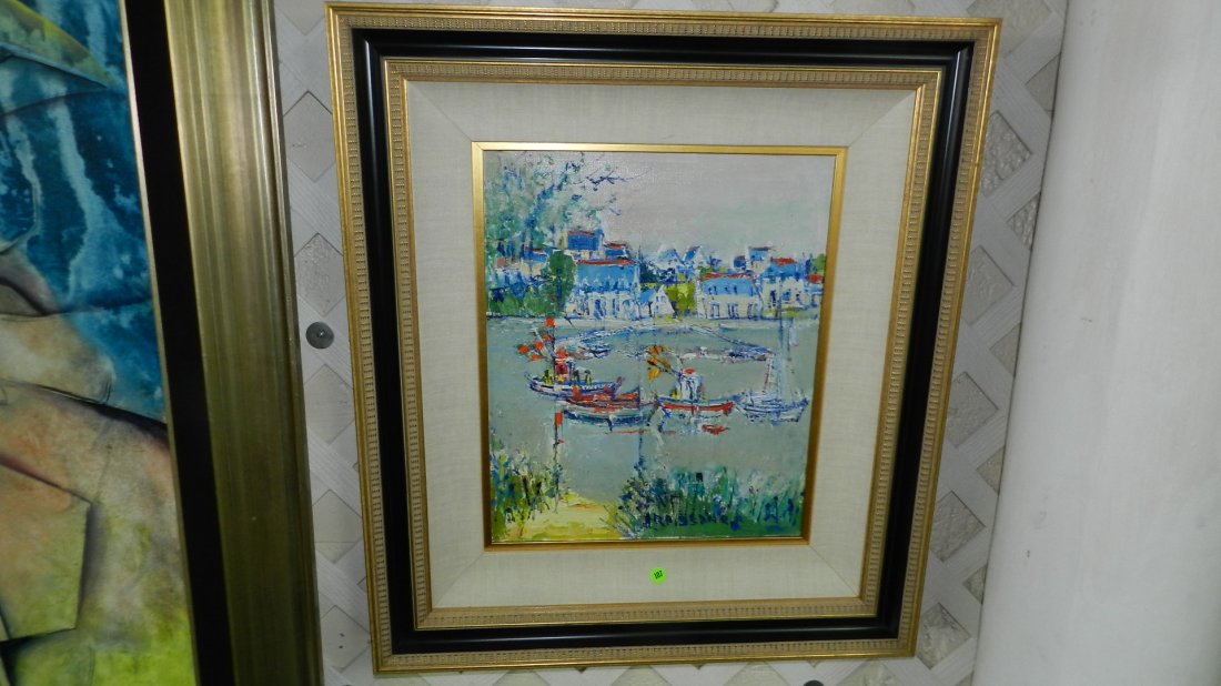 framed oil painting on canvas by listed artist Yolande: framed oil painting on canvas by listed artist Yolande Ardissone titled Bateaux A Doelan, estate had apprs, for 3200.00 frame is 28 1/4 x 25 1/4 x 17 3/4 x 14 3/4