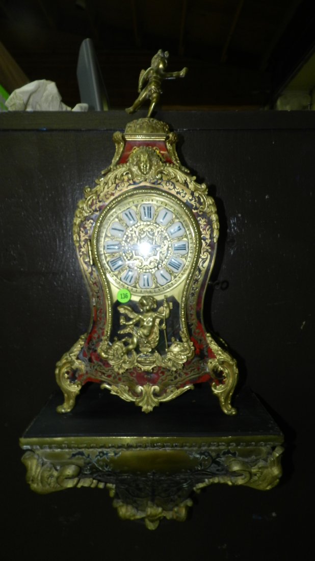 Stunning Tortoishell & Brass Boulle Type 8 Day Striking: Stunning Tortoishell & Brass Boulle Type 8 Day Striking Mantle Clock. with wall shelf and Putti top, untested, cond Vg minor raise to brass in places
