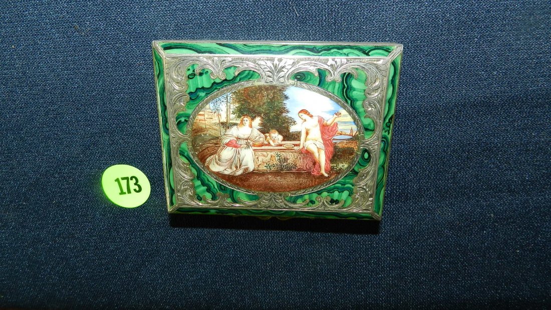 lovely ladies silver and Malachite? box, with painted: lovely ladies silver and Malachite? box, with painted lady scene