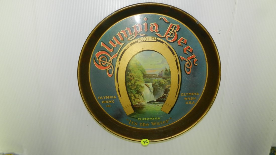 nice original vintage Olympia beer tray with horseshoe: nice original vintage Olympia beer tray with horseshoe and waterfall cond VG shows wear from use 12"