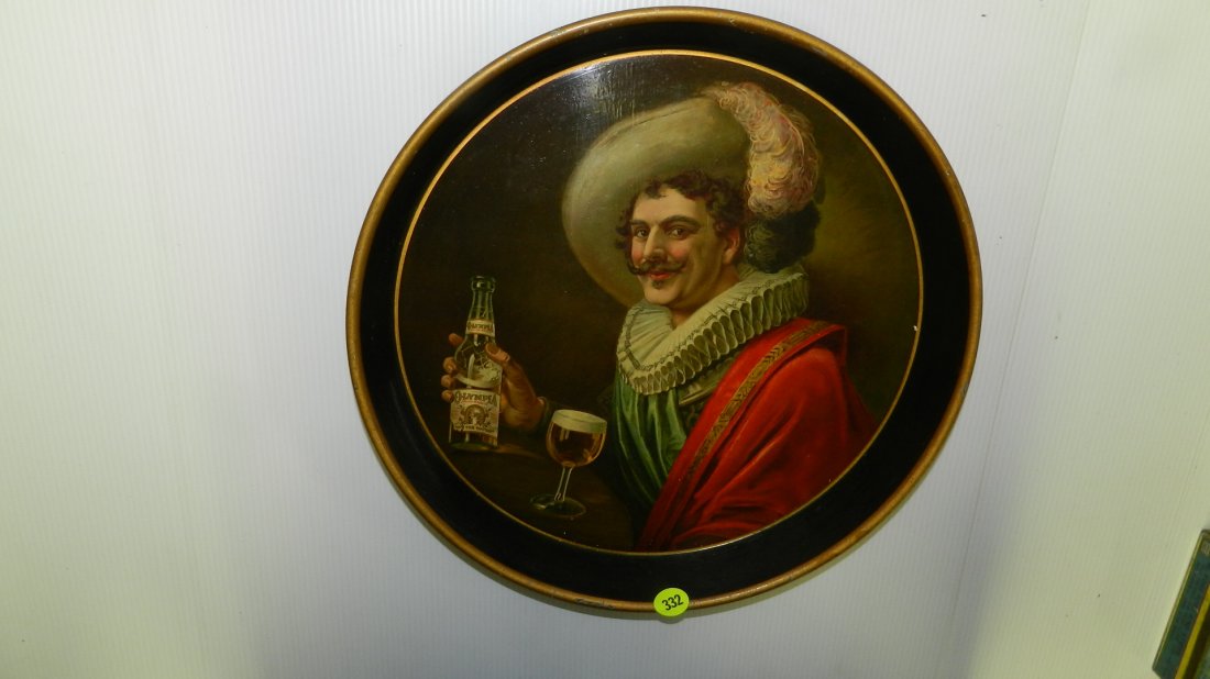 nice original vintage Olympia beer tray depicting a: nice original vintage Olympia beer tray depicting a Cavalier holding a bottle of Olympia beer, cond VG shows wear from use 12"