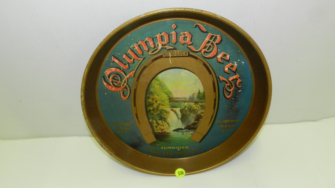 nice original vintage Olympia beer tray with horseshoe: nice original vintage Olympia beer tray with horseshoe and waterfall cond VG shows wear from use 12"