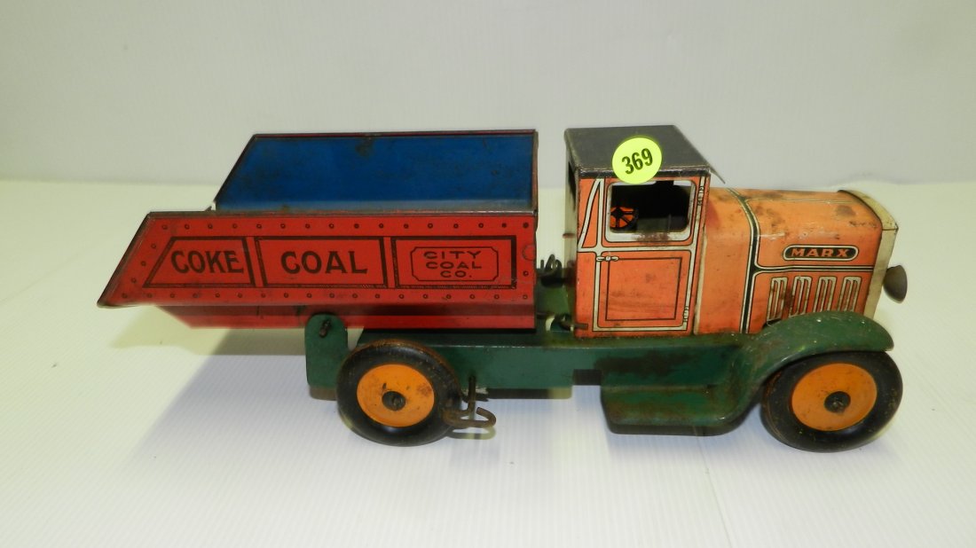 antique Childs tin wind up toy truck Coke Coal by Marx,: antique Childs tin wind up toy truck Coke Coal by Marx, cond G shows wear and sun fading
