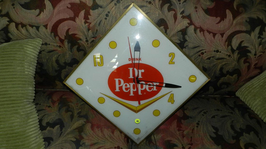 vintage lighted Dr Pepper advertising wall clock, cond: vintage lighted Dr Pepper advertising wall clock, cond G minor crack to clock face