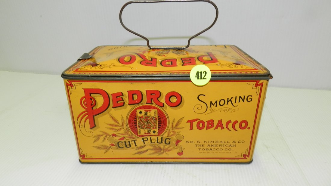 nice vintage Pedro cut plug smoking tobacco box with: nice vintage Pedro cut plug smoking tobacco box with handle, cond VG