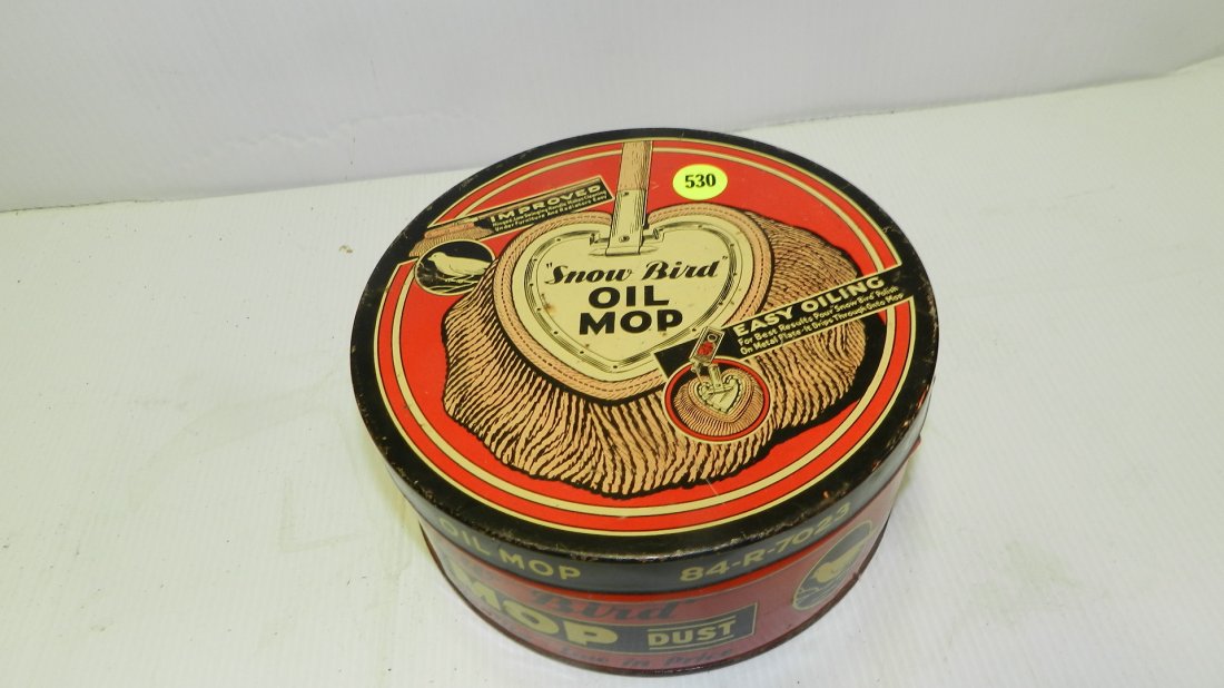 antique tin advertising can for Snow Bird oil mop: antique tin advertising can for Snow Bird oil mop