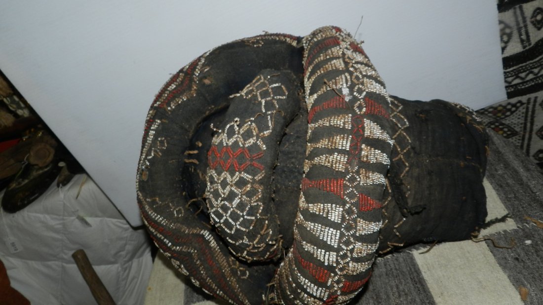 2306) African Beaded helmet mask w/basket frame: 2306) African Beaded helmet mask w/basket frame (Damaged) 16"