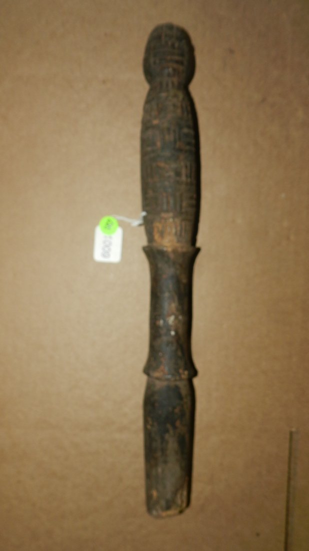 West African (Bini) staff old rattle w/ carved-in clapp: West African (Bini) staff old rattle w/ carved-in clapper