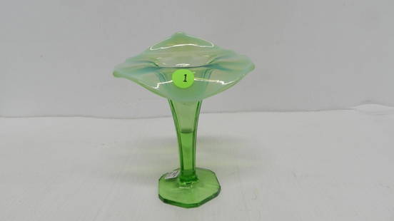 Vintage Opalescent green glass vase, COND VG: Vintage Opalescent green glass vase, COND VG