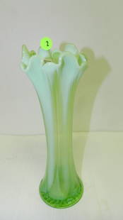 Vintage Opalescent green glass vase COND VG: Vintage Opalescent green glass vase COND VG