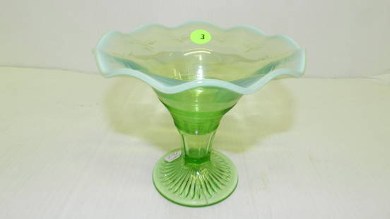 Vintage Opalescent green glass vase, COND VG: Vintage Opalescent green glass vase, COND VG