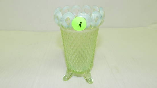 Vintage Opalescent green glass vase, COND VG: Vintage Opalescent green glass vase, COND VG