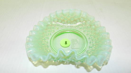 Vintage Opalescent green small glass dish, COND VG: Vintage Opalescent green small glass dish, COND VG