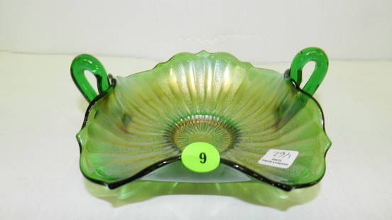 Green Carnival glass dish, COND VG: Green Carnival glass dish, COND VG