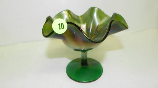 Green Carnival glass compote, COND VG: Green Carnival glass compote, COND VG