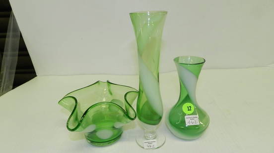 3 piece green and white glass vases, COND VG: 3 piece green and white glass vases, COND VG