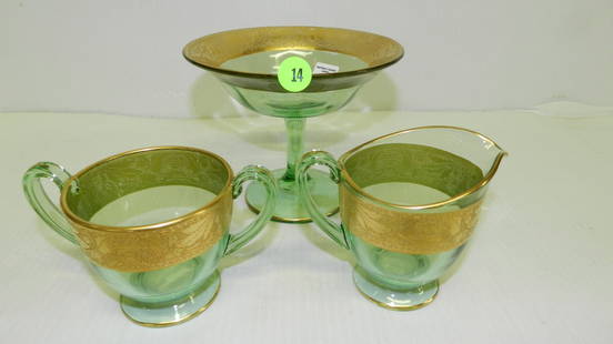 3 piece green and gold creamer, sugar & compote. COND: 3 piece green and gold creamer, sugar & compote. COND VG