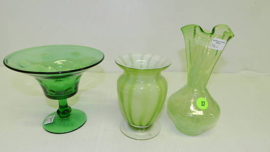 3 piece green glass vases, COND VG: 3 piece green glass vases, COND VG