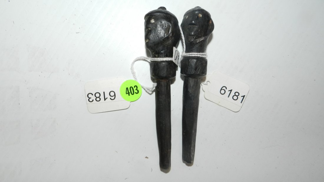 6181-83) 2 piece Unique African carved Dark wood: 6181-83) 2 piece Unique African carved Dark wood figural stopper - nails for eyes 5 1/2