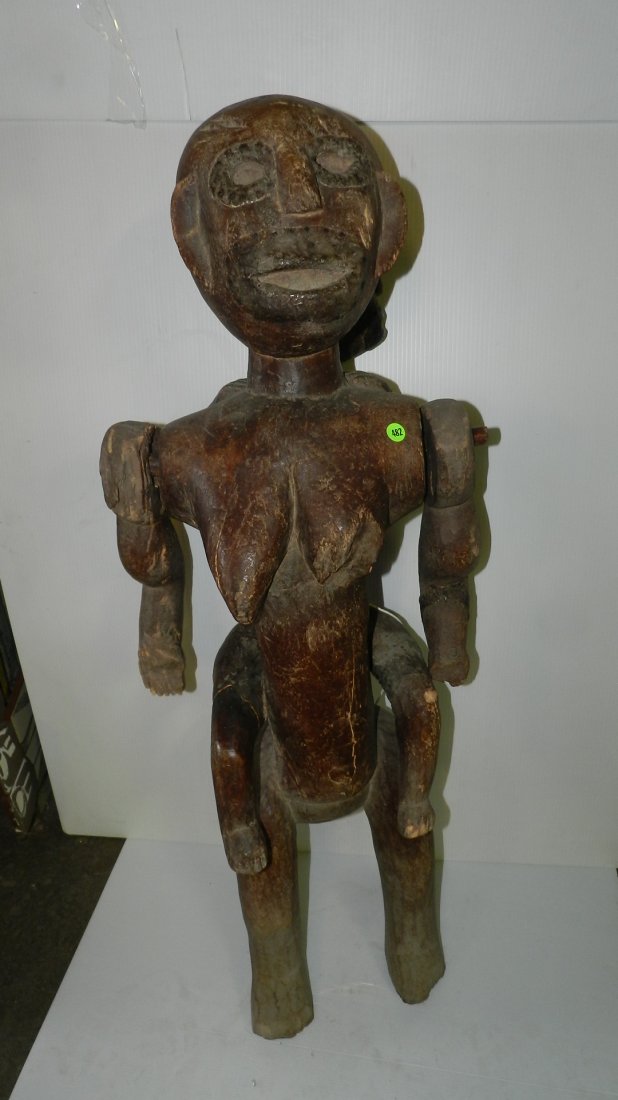 344) nice African carved Sukuma maternity figure w/: 344) nice African carved Sukuma maternity figure w/ meaningful erosion; damages on left breast, 43 1/2 SSR Tanzania