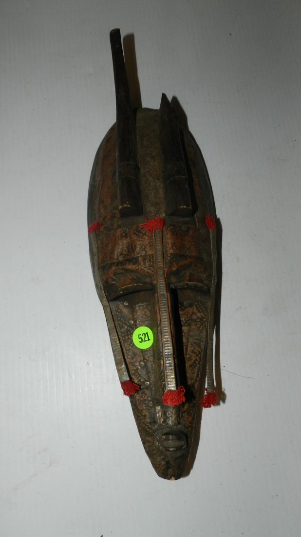 18077) hand carved African mask with metal overlay,: 18077) hand carved African mask with metal overlay, minor loss)
