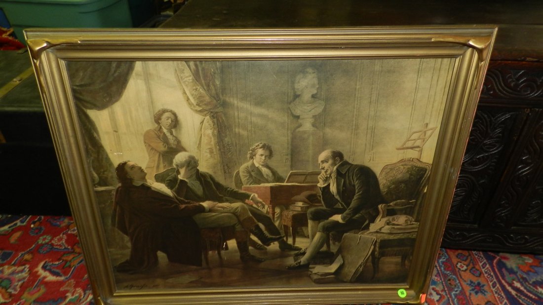 vintage framed litho of gentleman in parlor with man: vintage framed litho of gentleman in parlor with man paying piano, bat wing frame, minor loss to frame paint